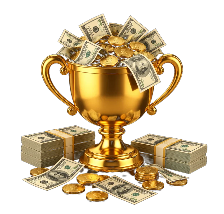 A gold trophy full of dollar bills and coins